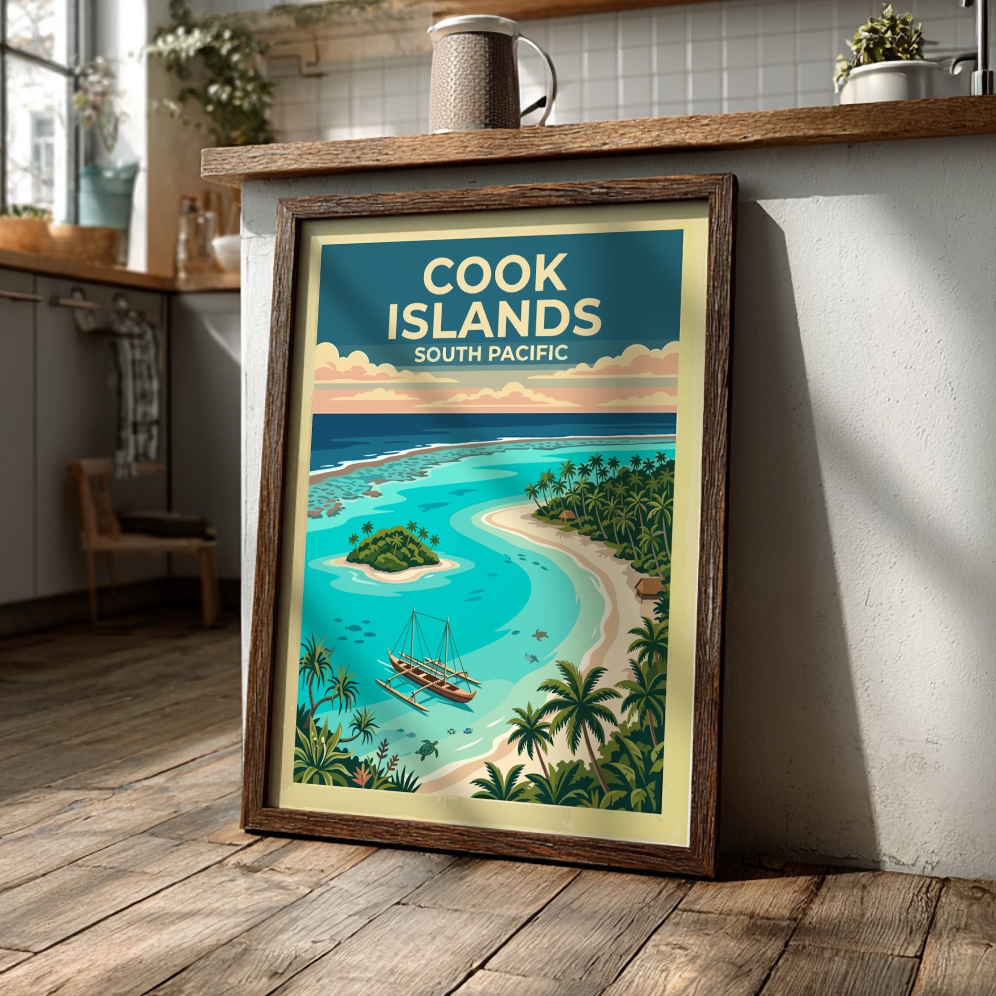 Australia travel poster featuring a Cook Islands lagoon with a canoe and palms