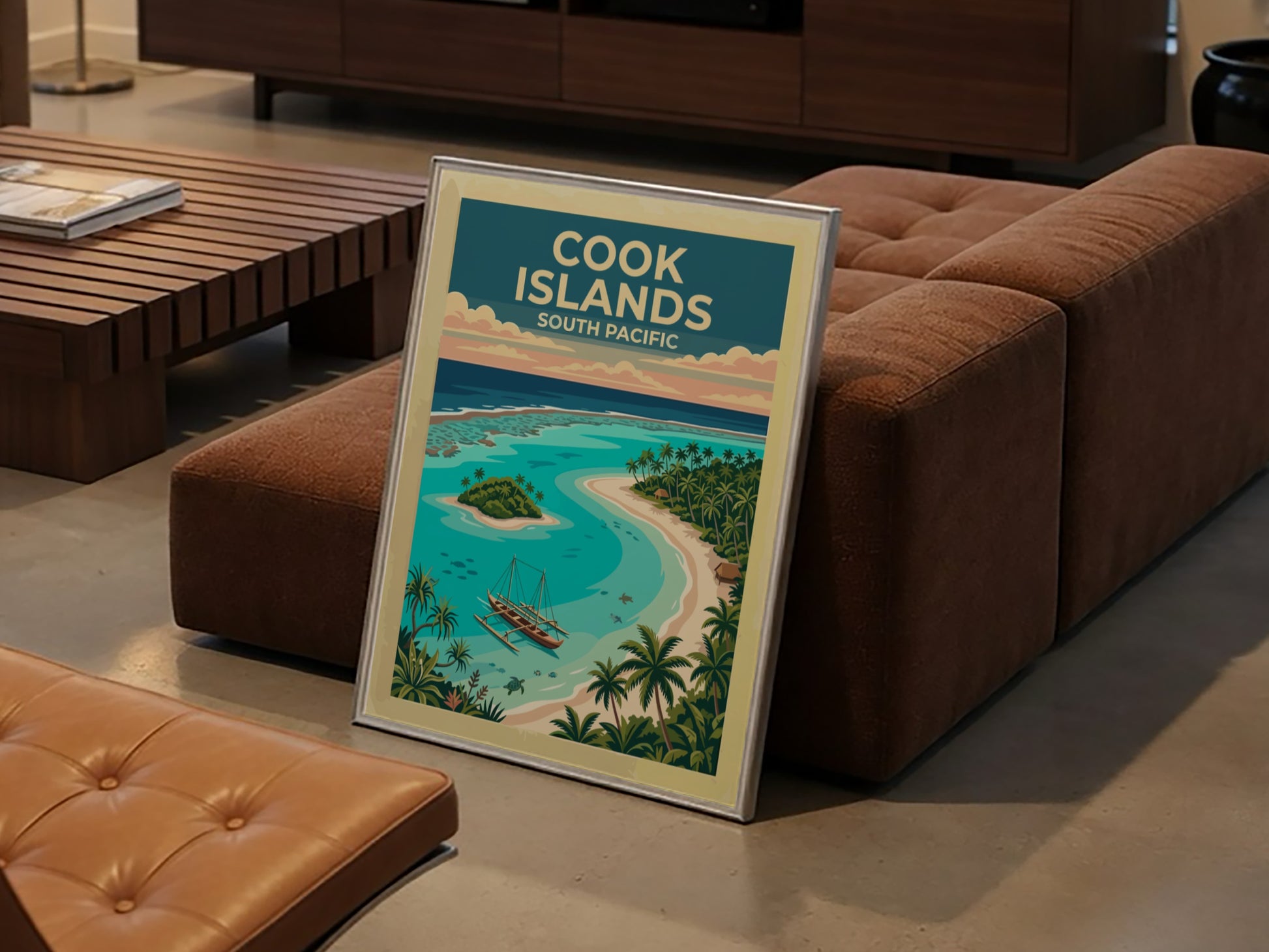 Australia travel poster featuring a Cook Islands lagoon with a canoe and palms