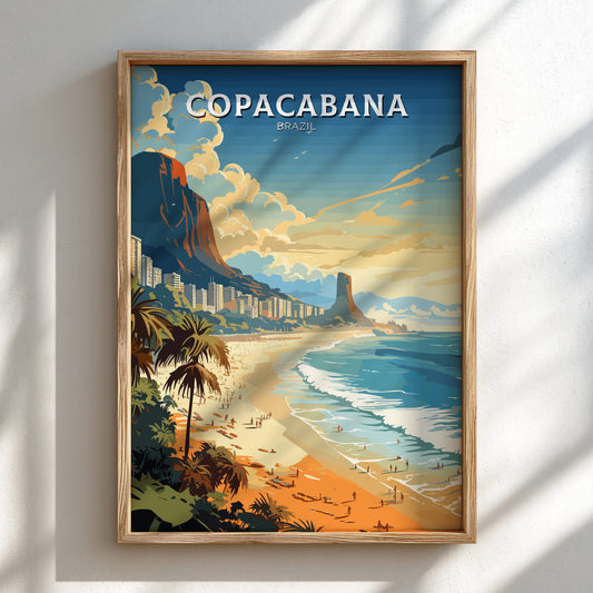 Copacabana Poster – Rio de Janeiro Beach Print on a light wooden frame