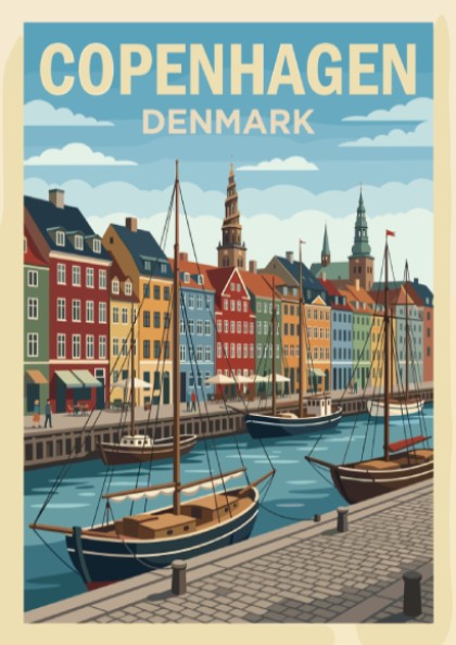 Copenhagen Denmark travel poster featuring colourful historic harbour buildings and sailing boats on water.