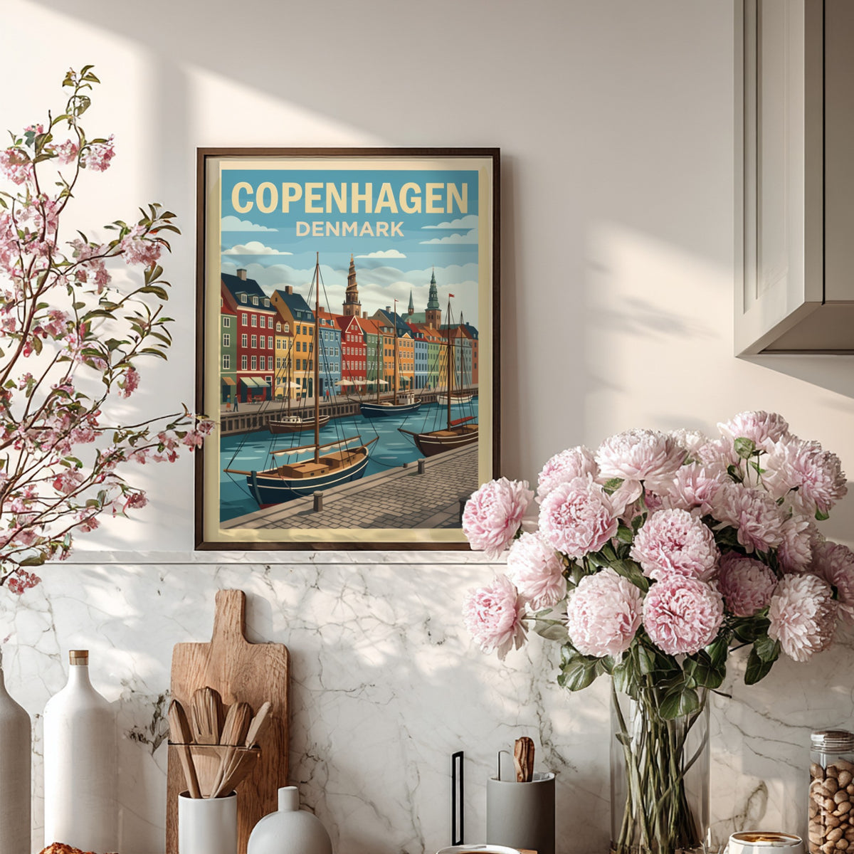 Copenhagen Denmark travel poster featuring colourful historic harbour buildings and sailing boats on water.