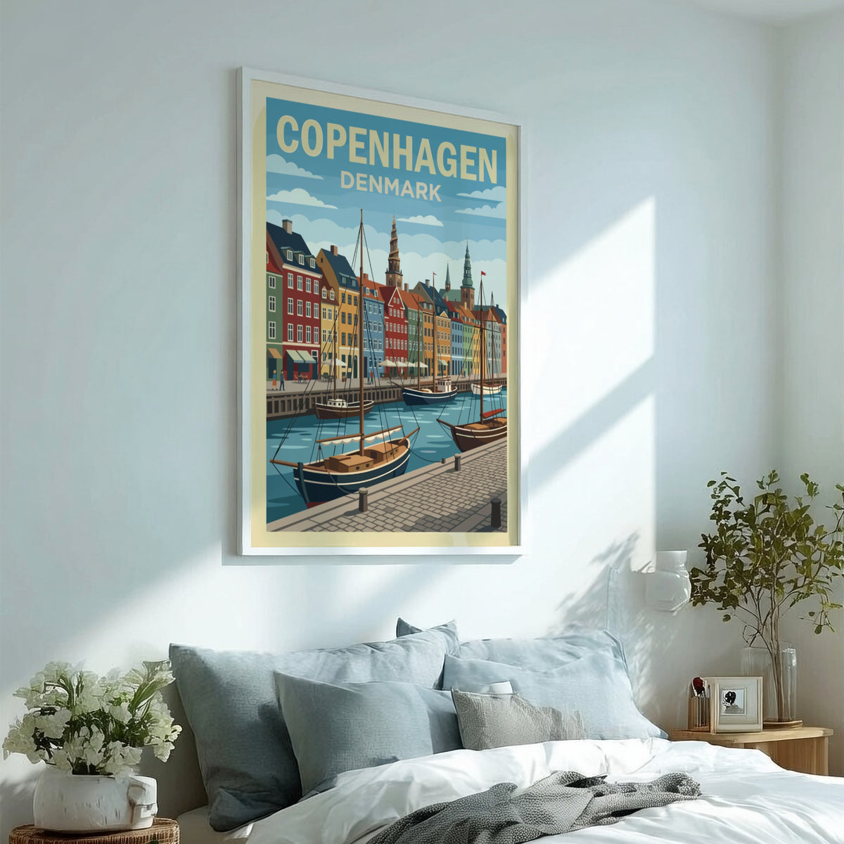 Copenhagen Denmark travel poster featuring colourful historic harbour buildings and sailing boats on water.
