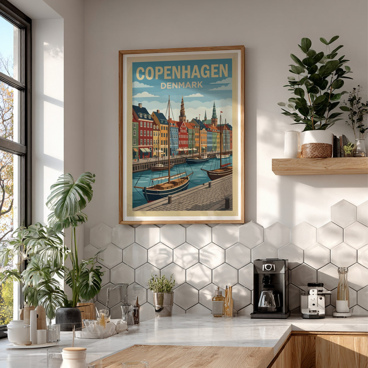 Copenhagen Denmark travel poster featuring colourful historic harbour buildings and sailing boats on water.