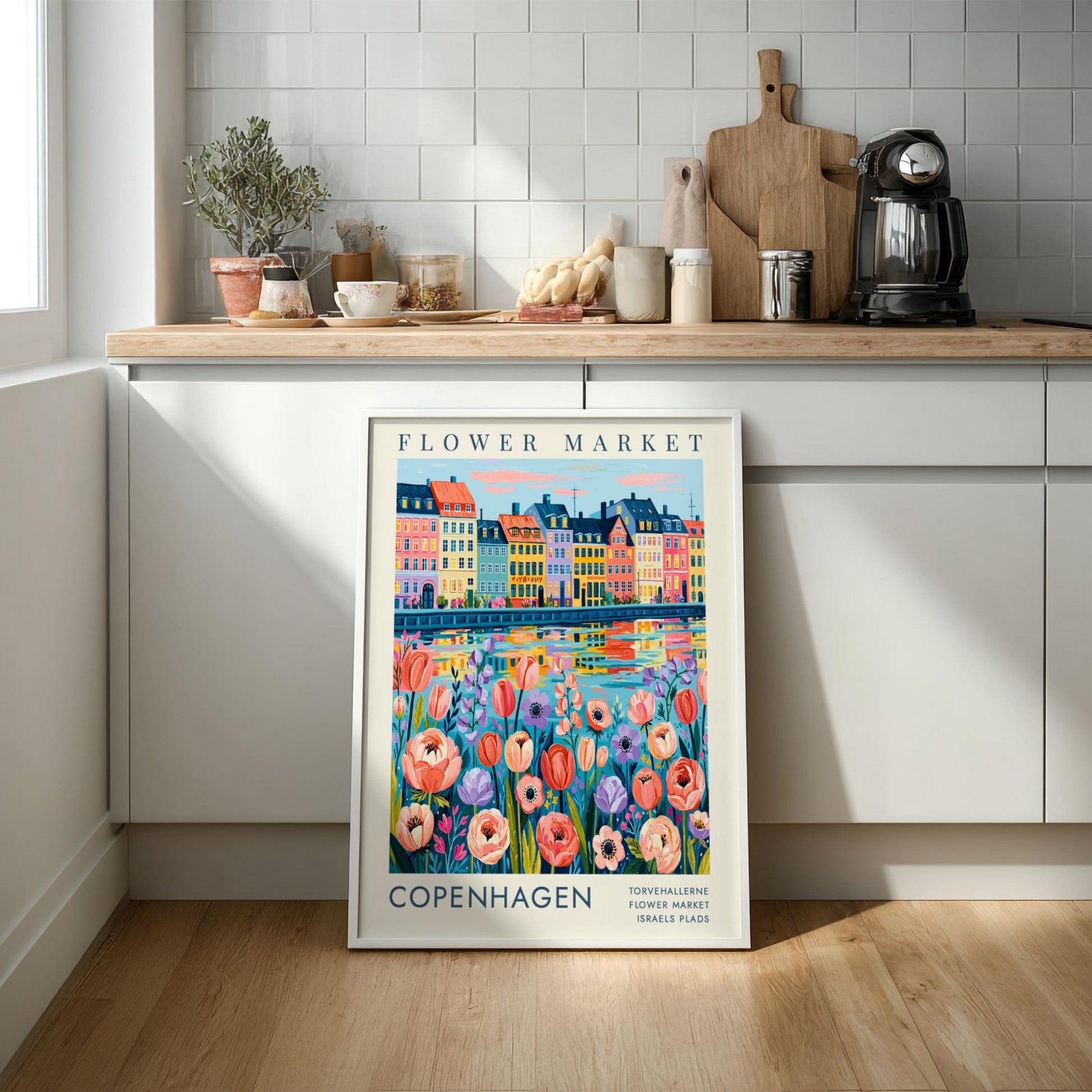 Flower market poster showcasing colorful flowers and city buildings in Copenhagen style