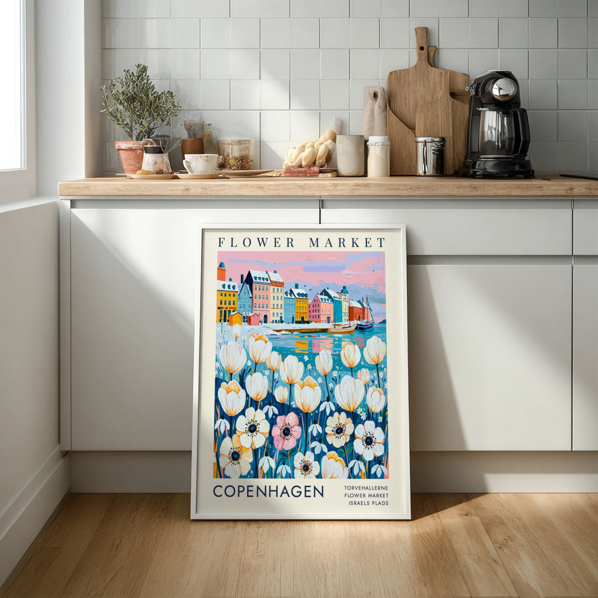 Flower market poster featuring colorful buildings and flowers in a vibrant cityscape style