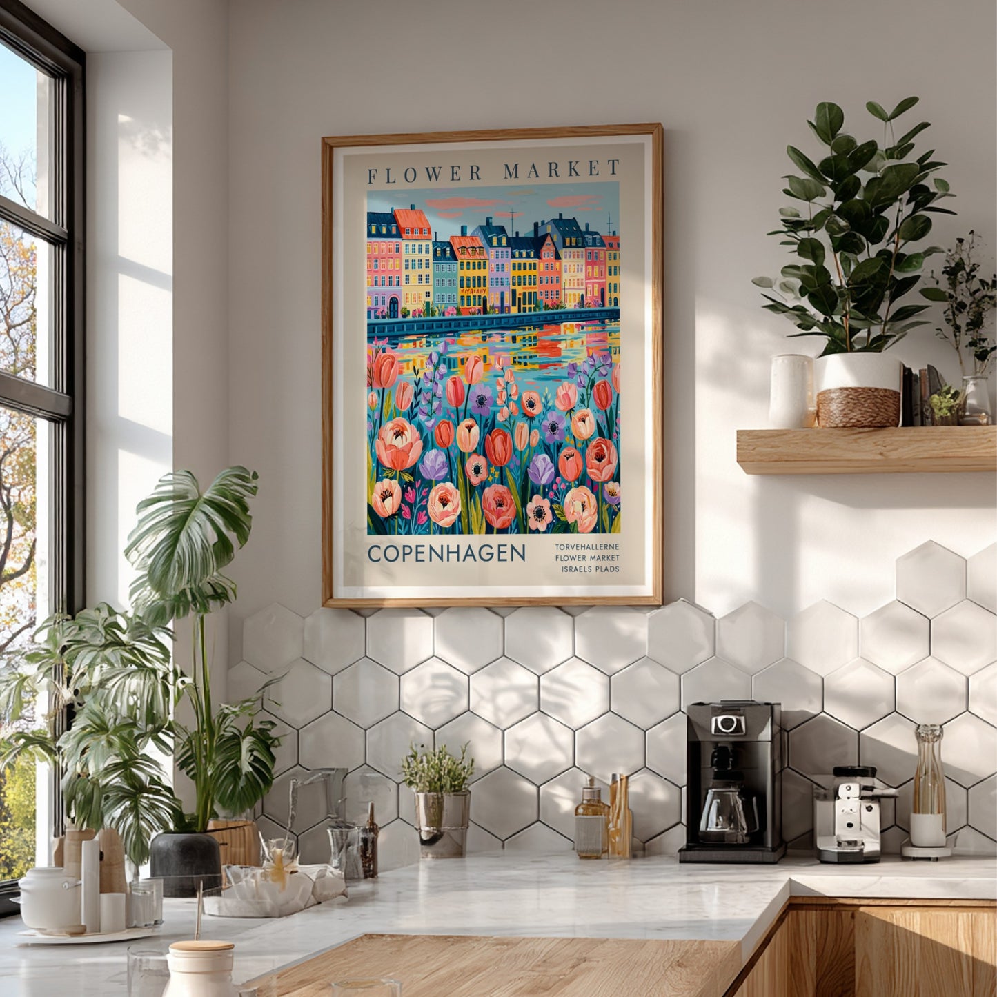 Flower market poster showcasing colorful flowers and city buildings in Copenhagen style