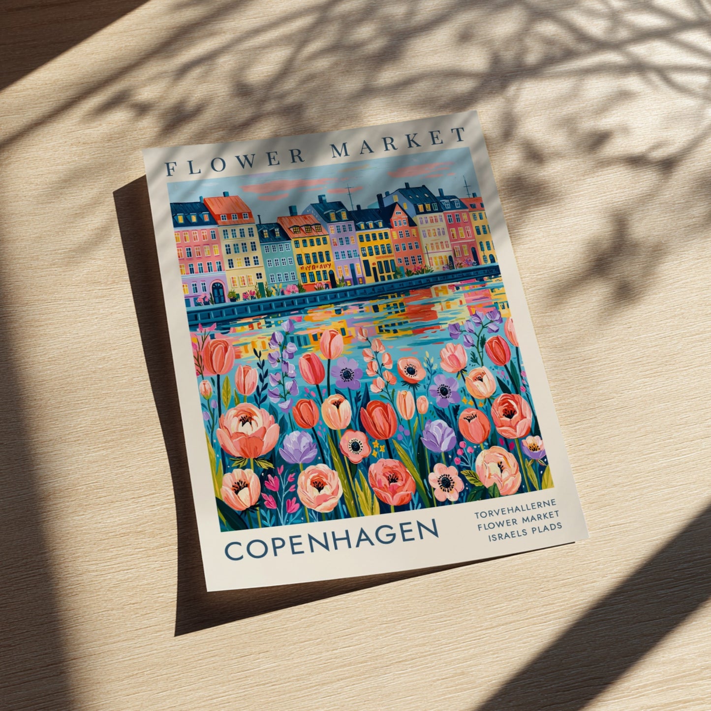 Flower market poster showcasing colorful flowers and city buildings in Copenhagen style