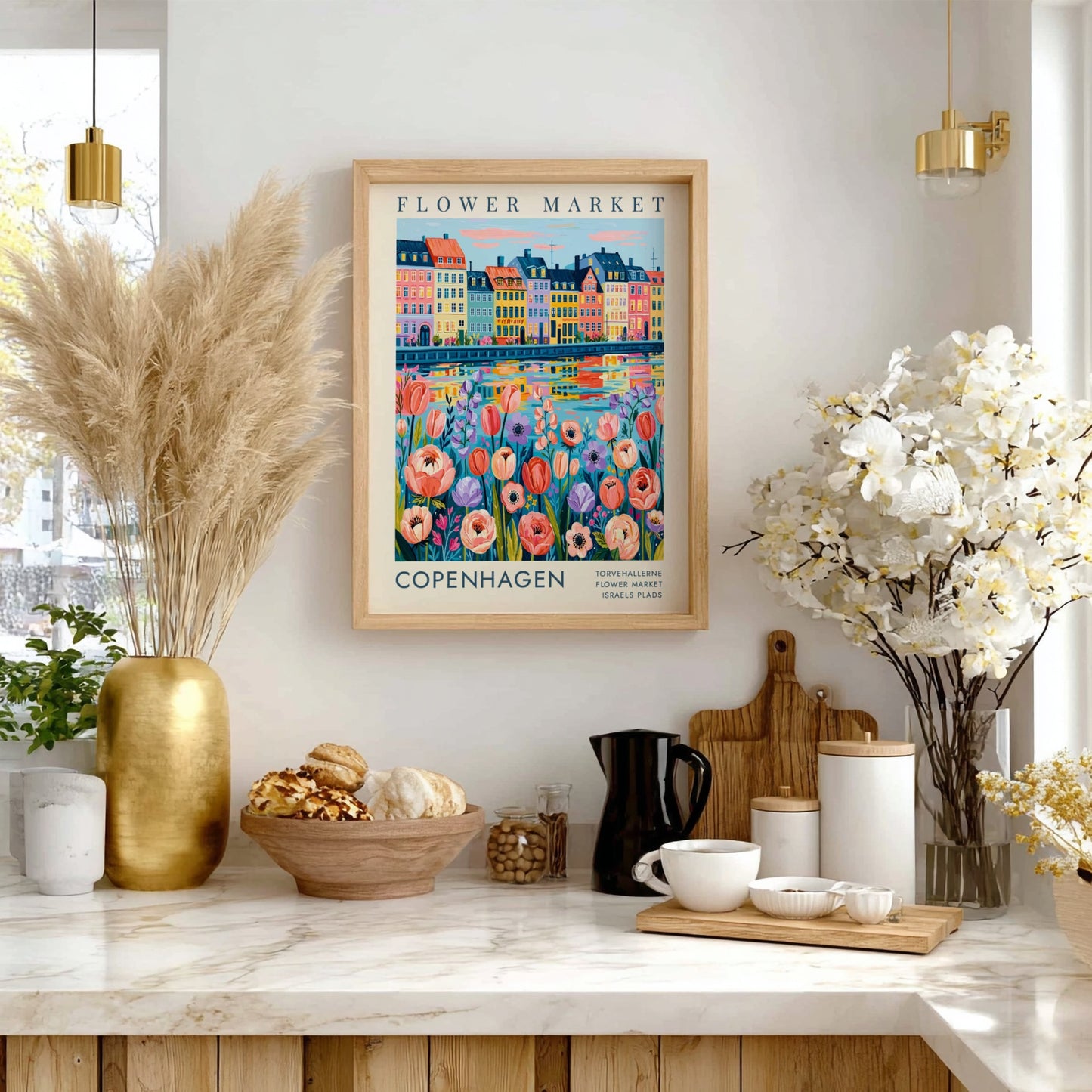 Flower market poster showcasing colorful flowers and city buildings in Copenhagen style