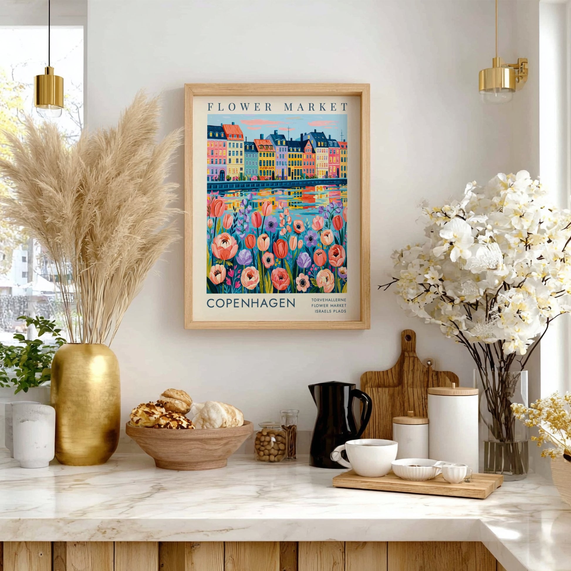 Flower market poster showcasing colorful flowers and city buildings in Copenhagen style