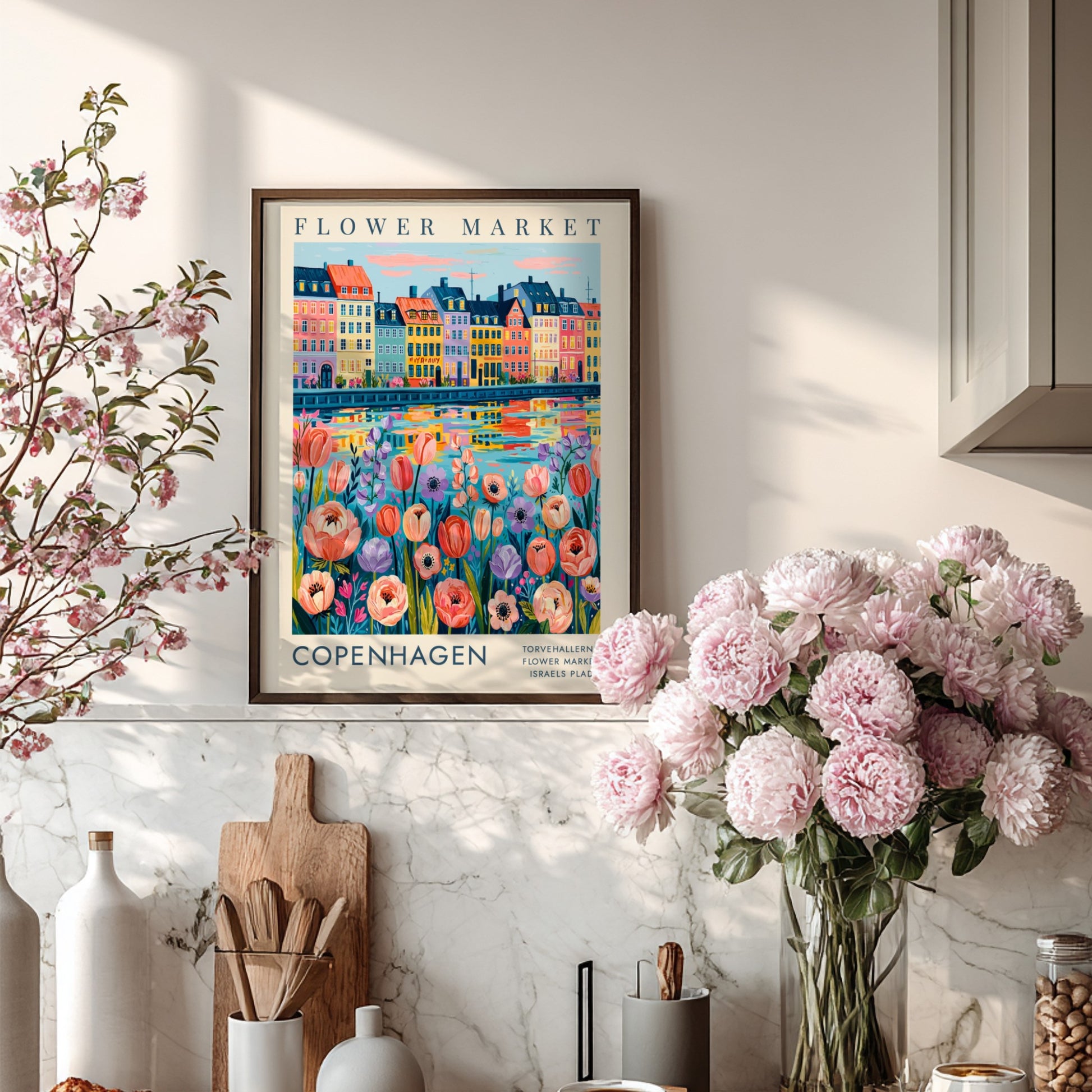 Flower market poster showcasing colorful flowers and city buildings in Copenhagen style