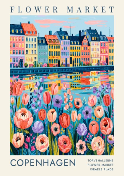 Flower market poster showcasing colorful flowers and city buildings in Copenhagen style