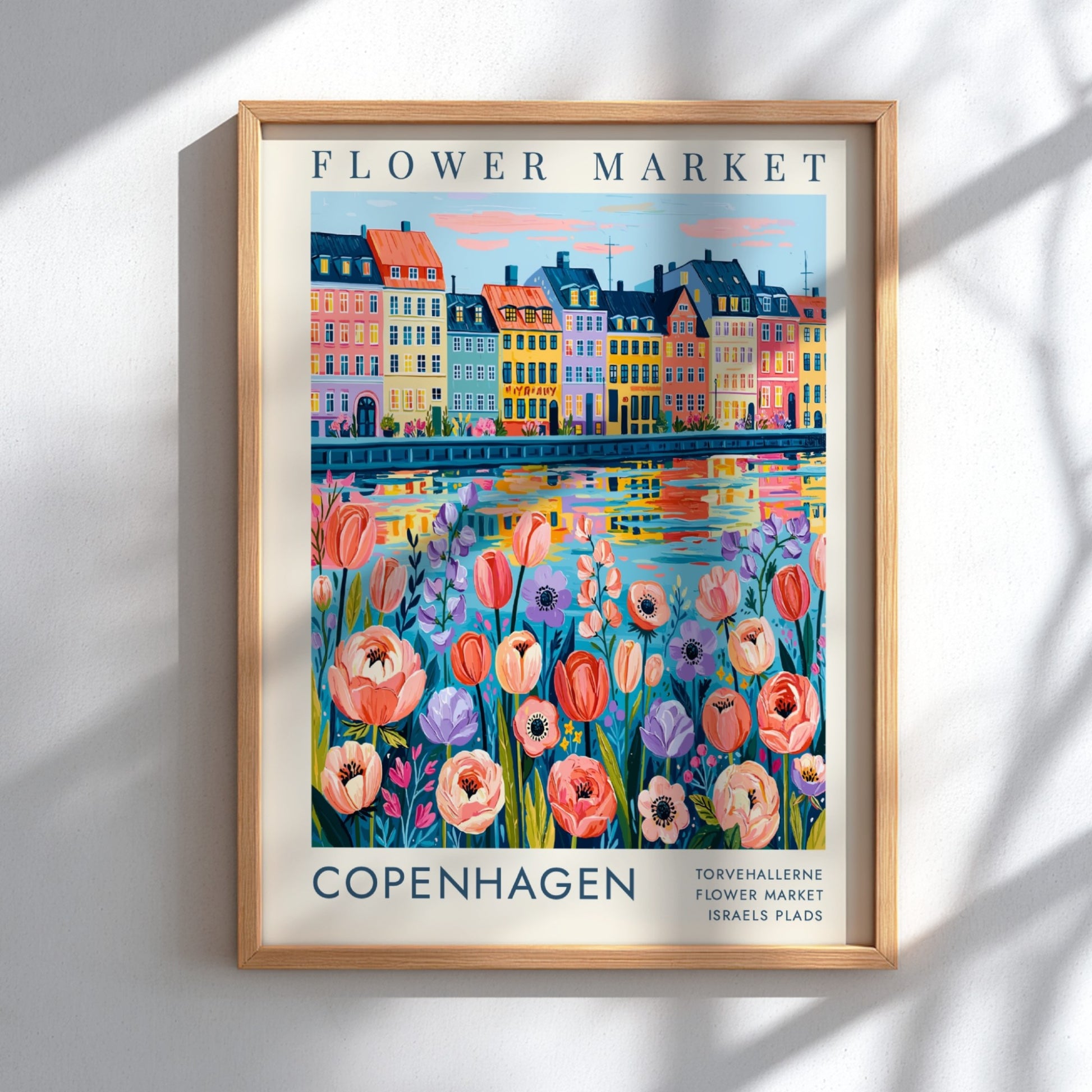 Flower market poster showcasing colorful flowers and city buildings in Copenhagen style