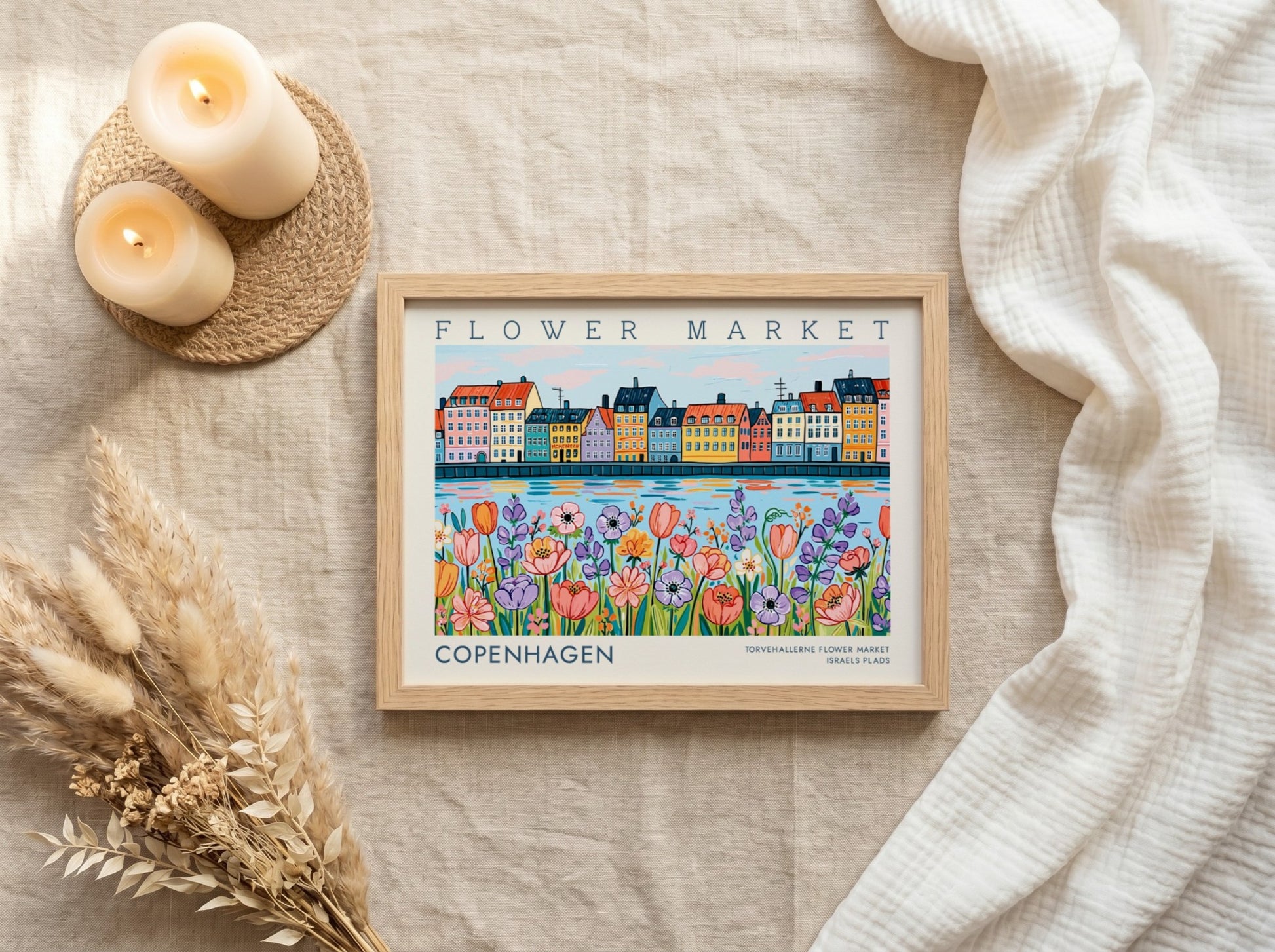 Copenhagen flower market poster featuring colorful flowers and buildings in vibrant hues