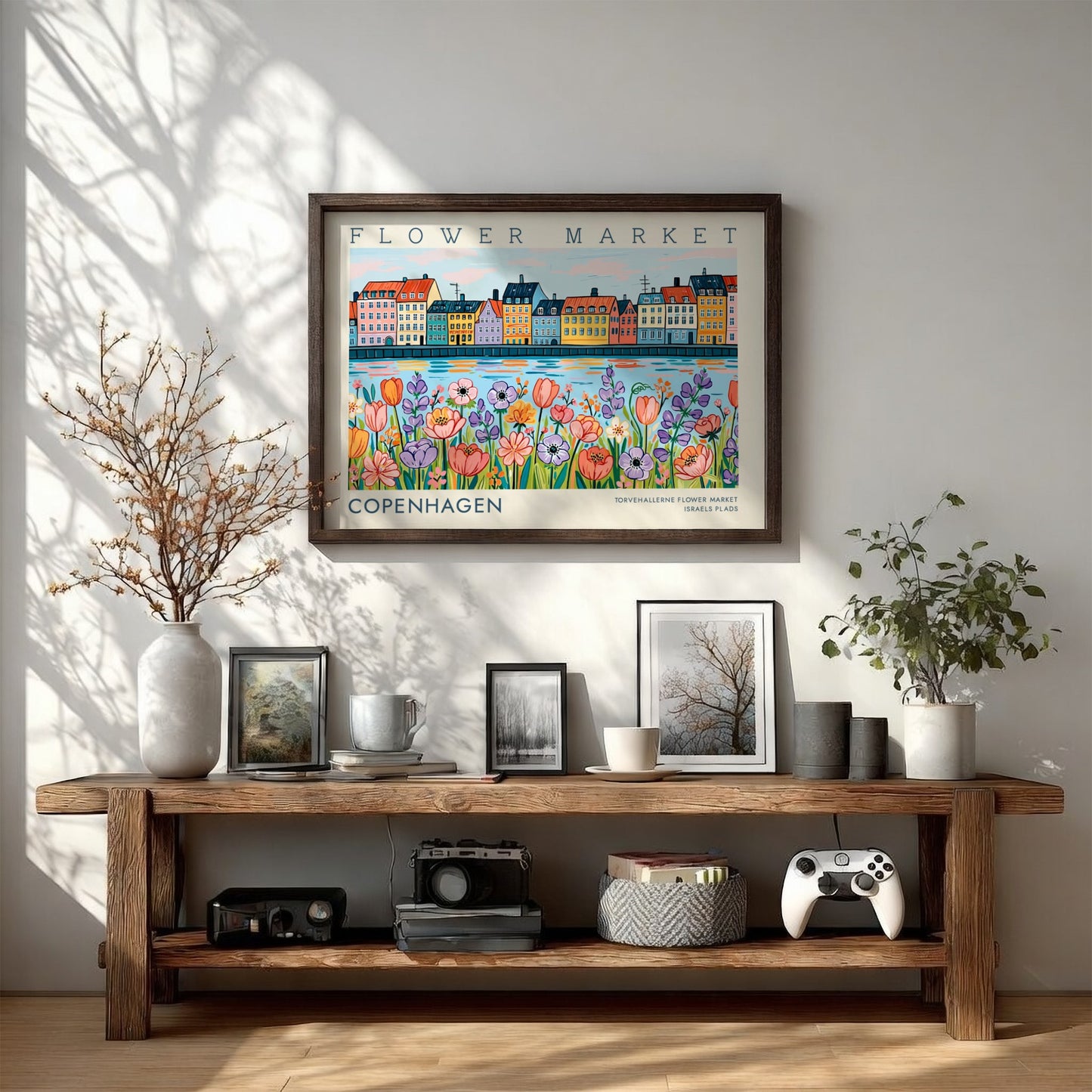 Copenhagen flower market poster featuring colorful flowers and buildings in vibrant hues