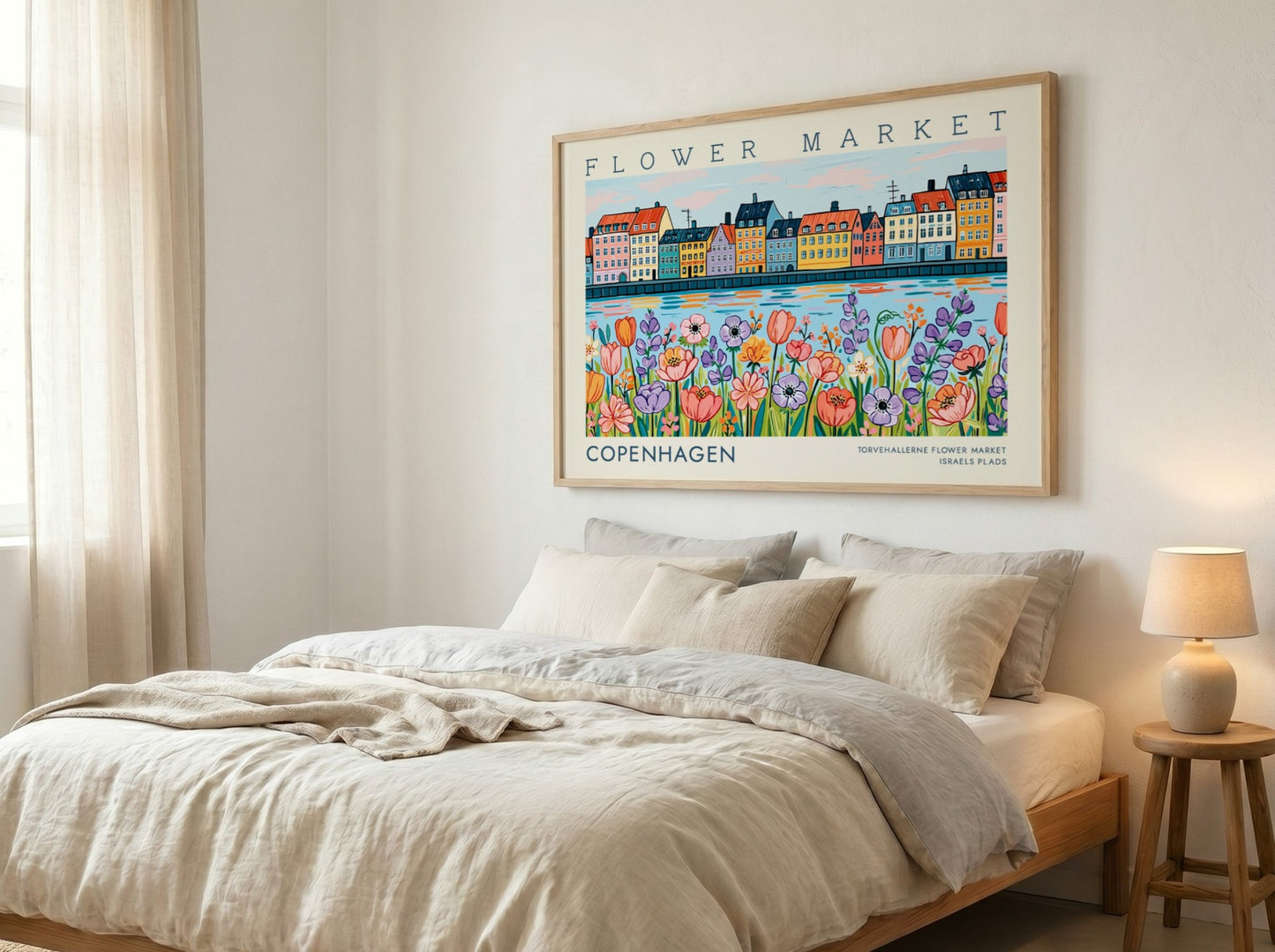 Copenhagen flower market poster featuring colorful flowers and buildings in vibrant hues