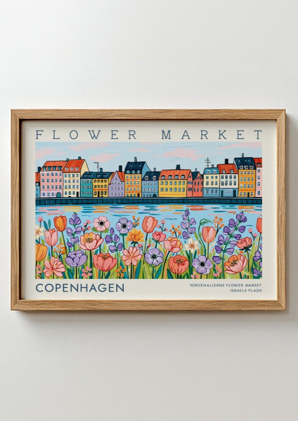 Copenhagen flower market poster featuring colorful flowers and buildings in vibrant hues