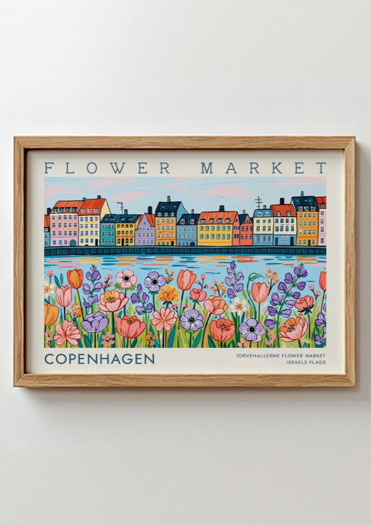 Copenhagen flower market poster featuring colorful flowers and buildings in vibrant hues