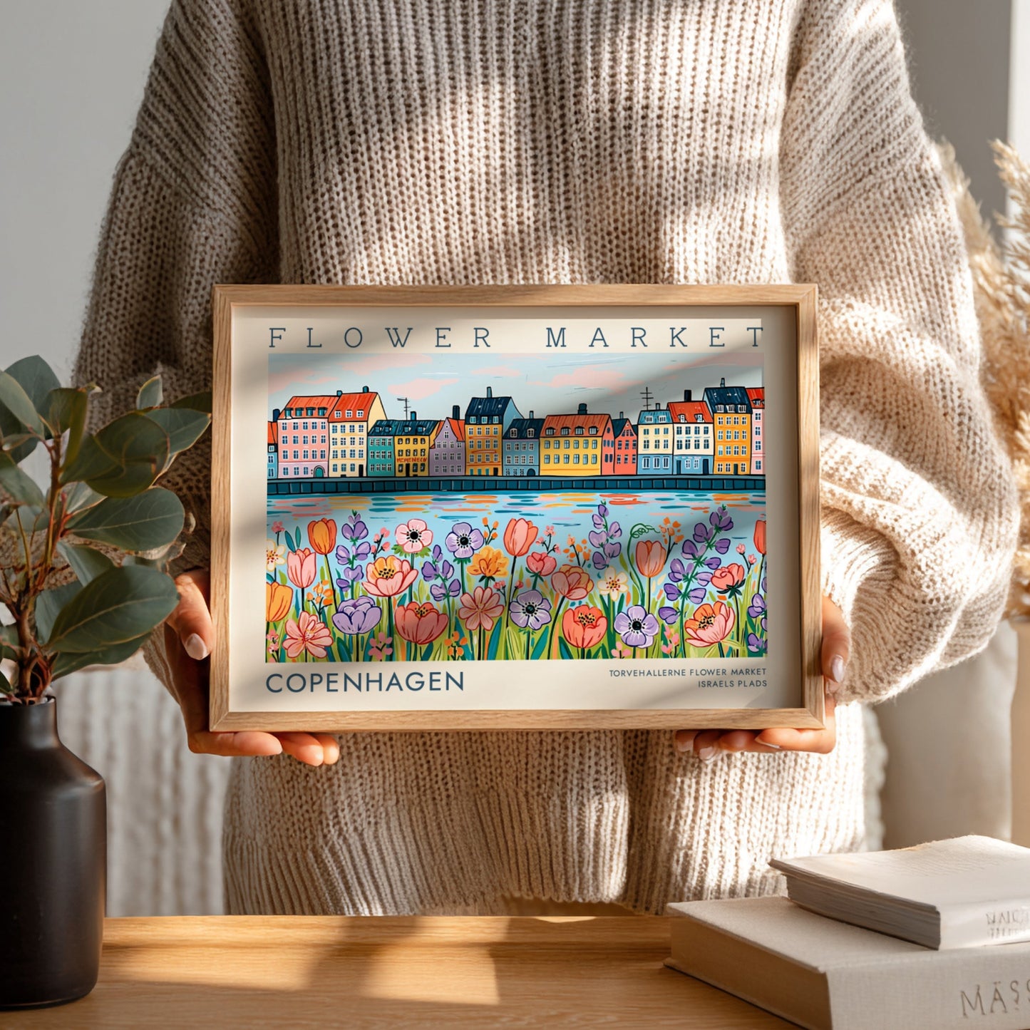 Copenhagen flower market poster featuring colorful flowers and buildings in vibrant hues