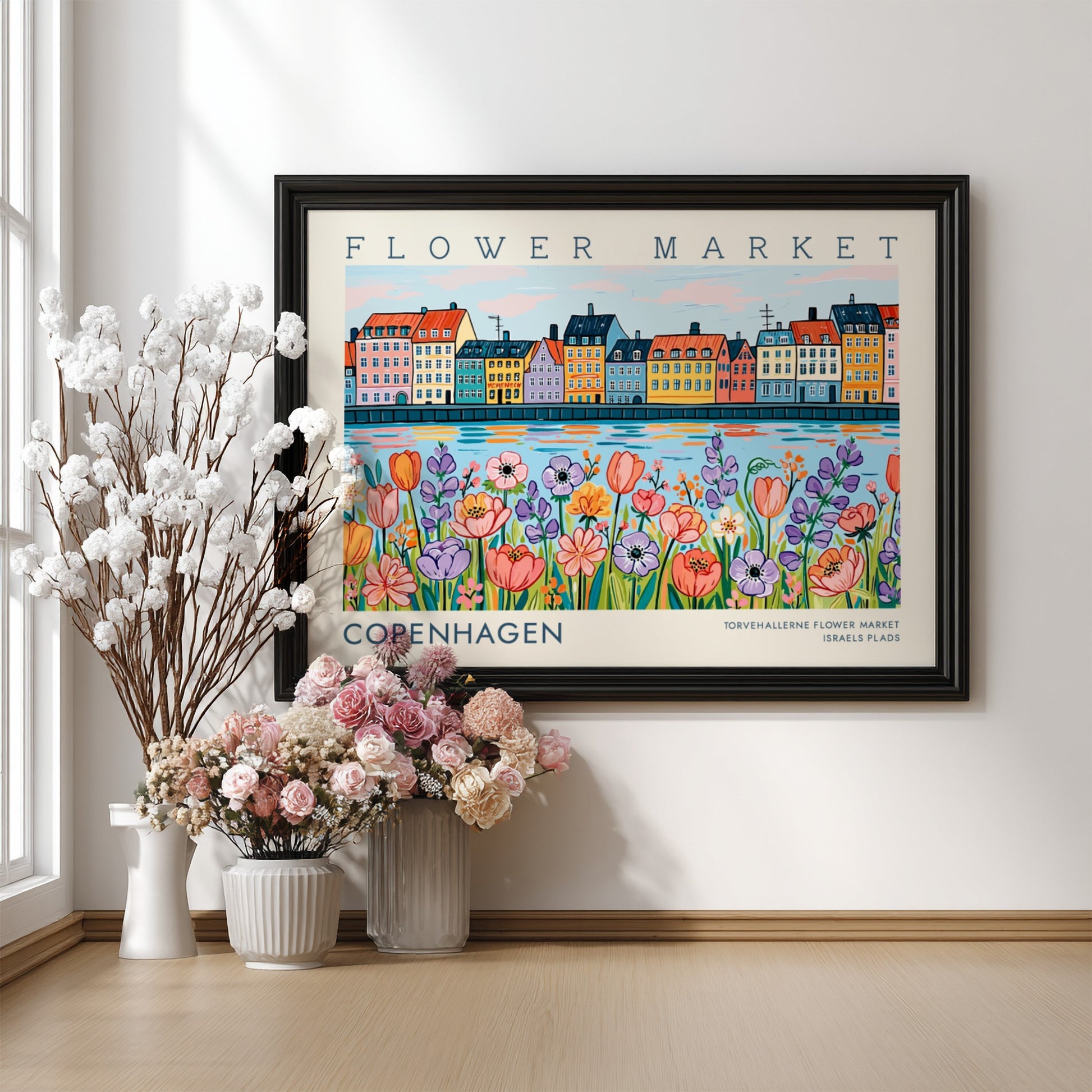 Copenhagen flower market poster featuring colorful flowers and buildings in vibrant hues