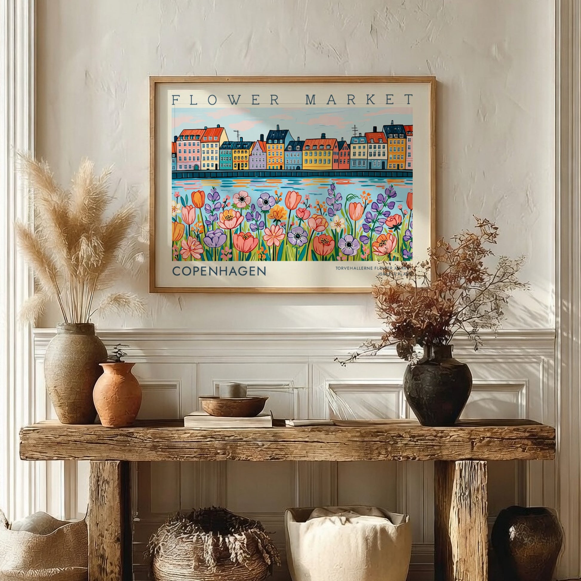 Copenhagen flower market poster featuring colorful flowers and buildings in vibrant hues