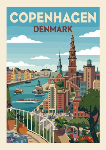Copenhagen Denmark travel poster with canals and Spiral Tower in a retro illustration style.