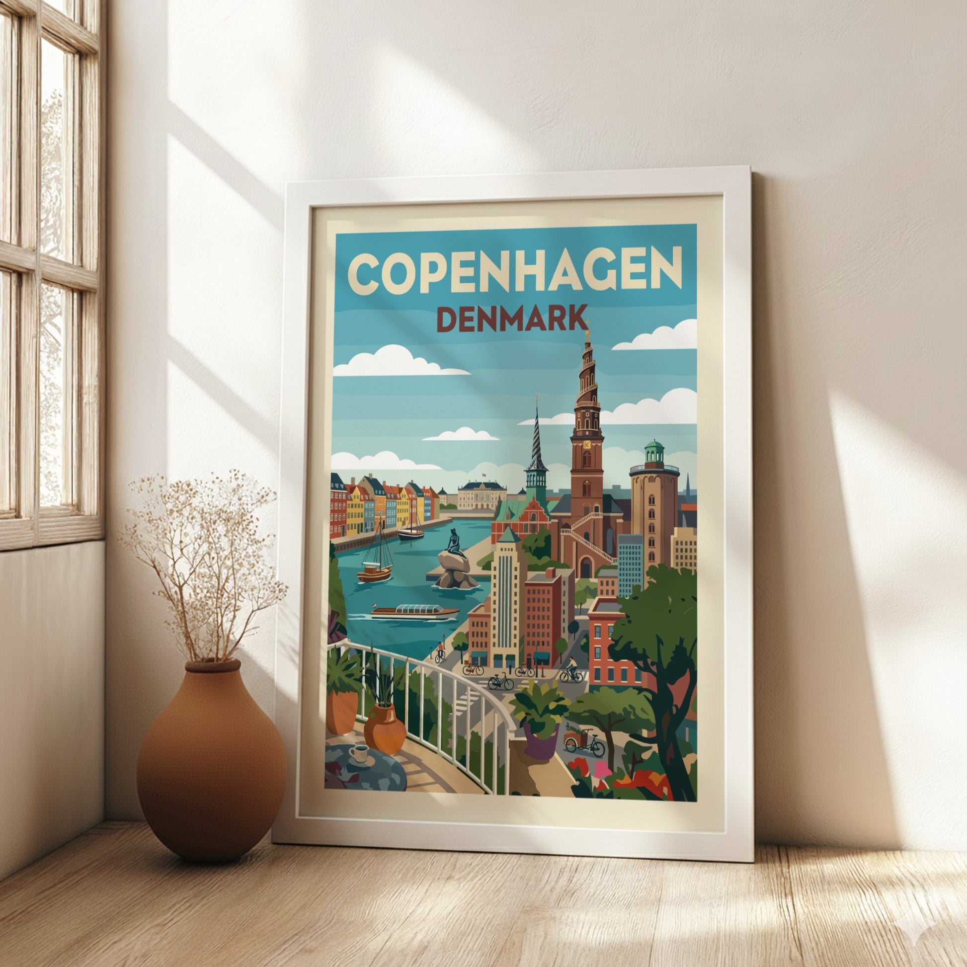 Copenhagen Denmark travel poster with canals and Spiral Tower in a retro illustration style.