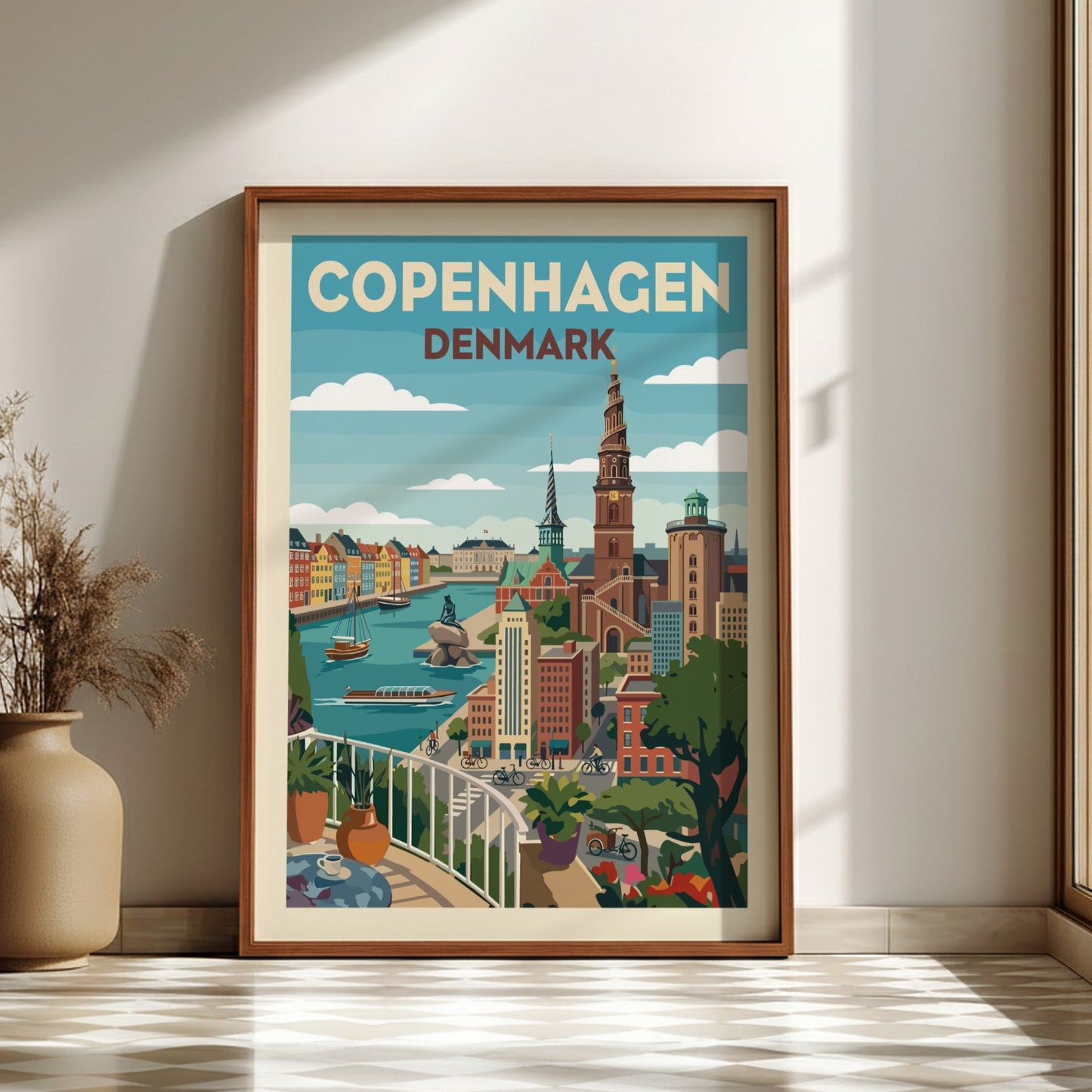 Copenhagen Denmark travel poster with canals and Spiral Tower in a retro illustration style.