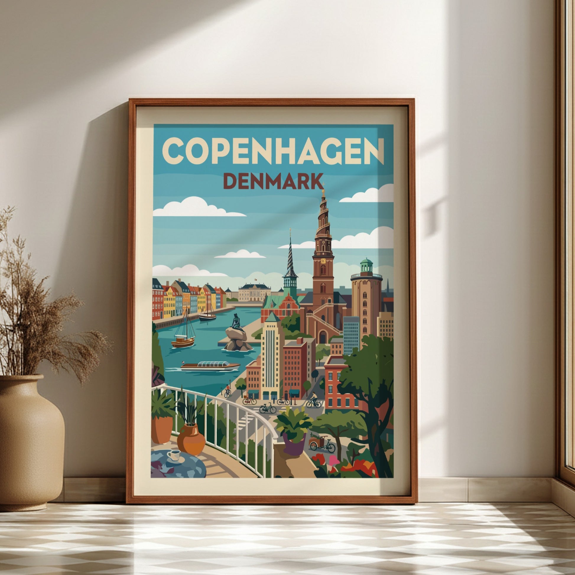 Copenhagen Denmark travel poster with canals and Spiral Tower in a retro illustration style.