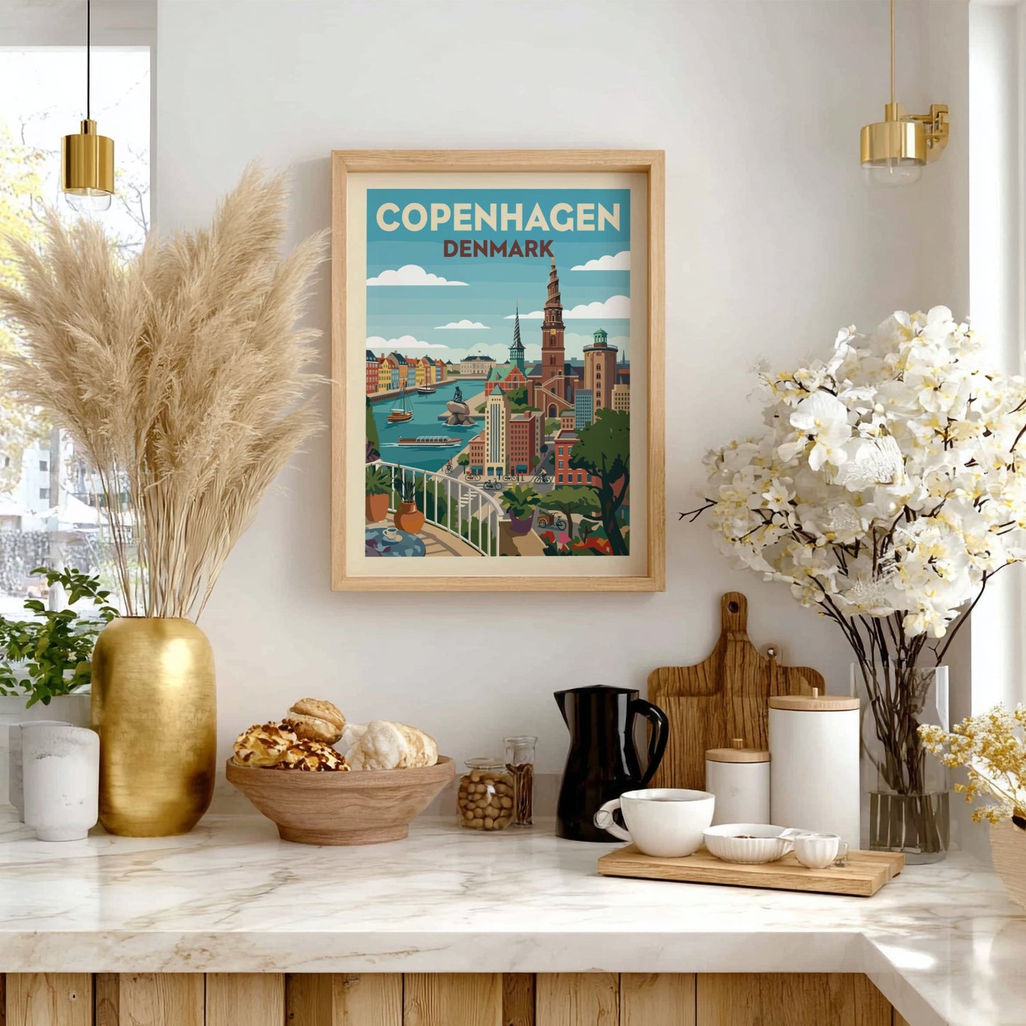 Copenhagen Denmark travel poster with canals and Spiral Tower in a retro illustration style.