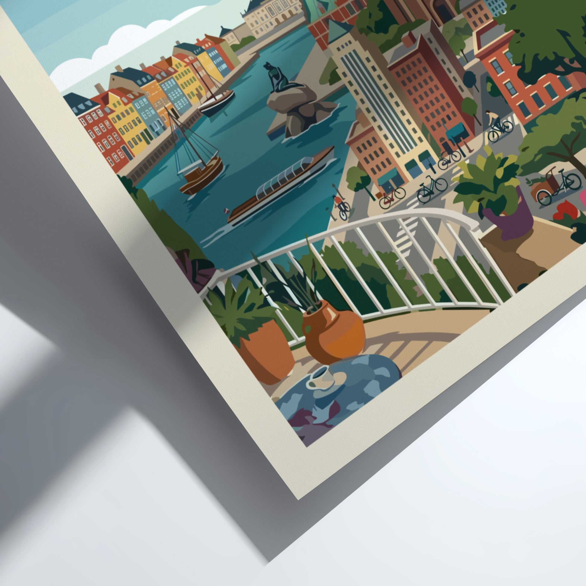 Copenhagen Denmark travel poster with canals and Spiral Tower in a retro illustration style.
