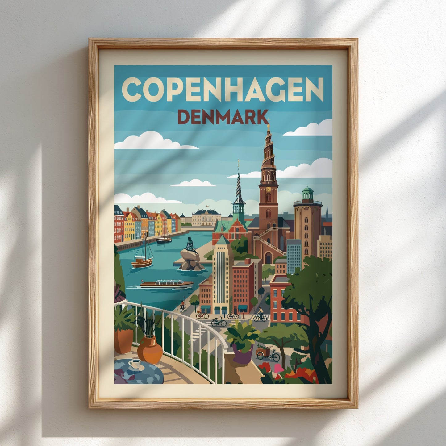 Copenhagen Denmark travel poster with canals and Spiral Tower in a retro illustration style.