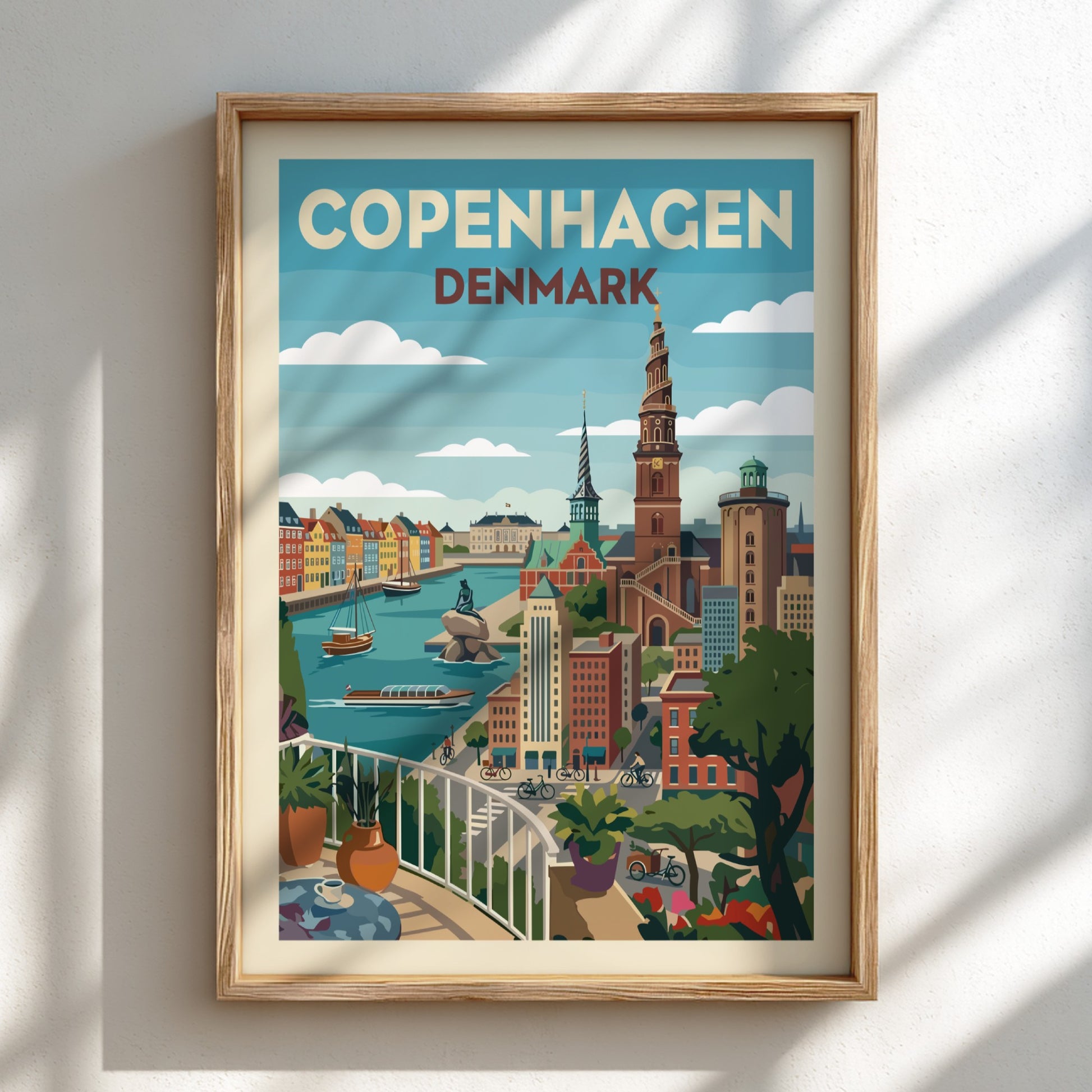 Copenhagen Denmark travel poster with canals and Spiral Tower in a retro illustration style.