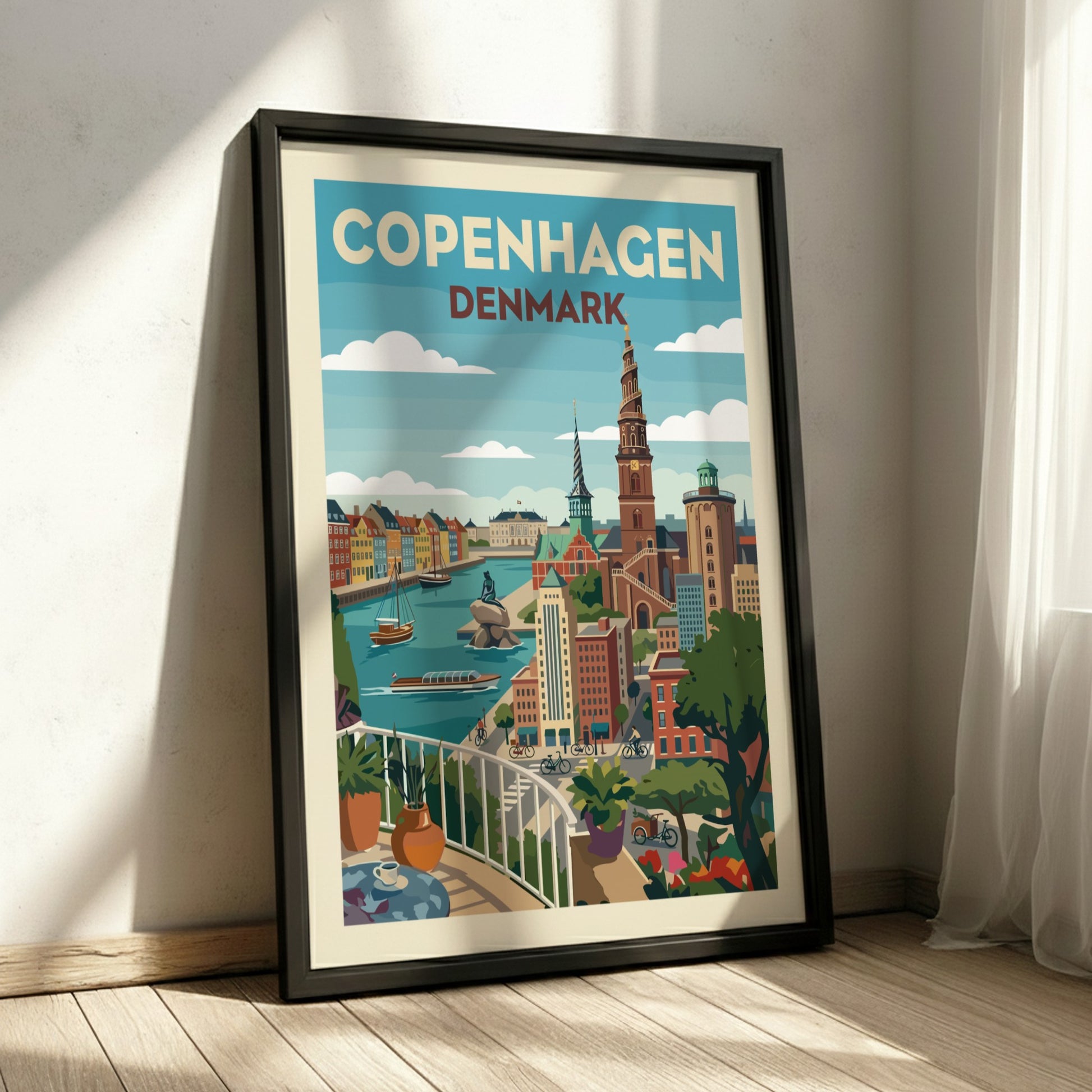 Copenhagen Denmark travel poster with canals and Spiral Tower in a retro illustration style.