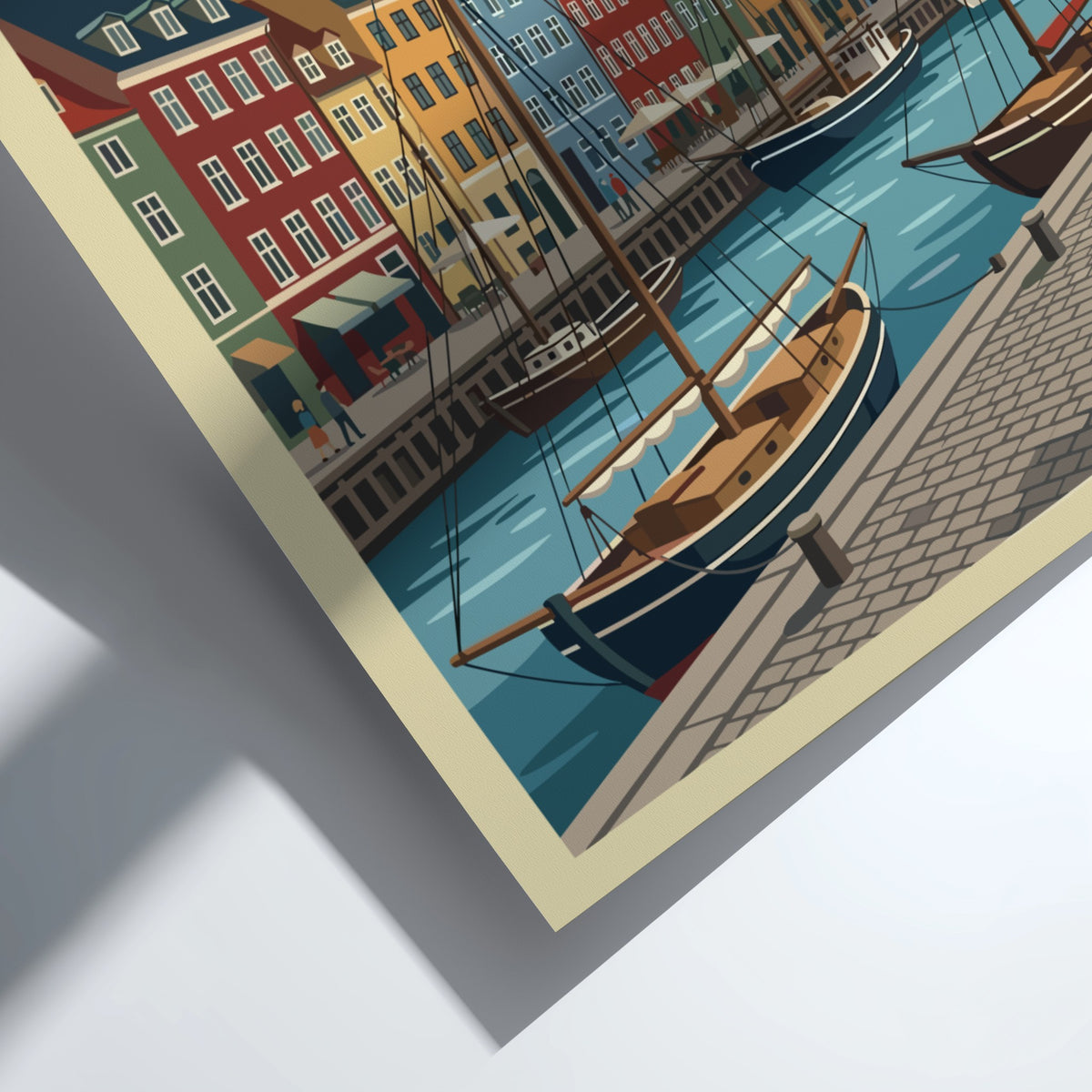 Copenhagen Denmark travel poster featuring colourful historic harbour buildings and sailing boats on water.