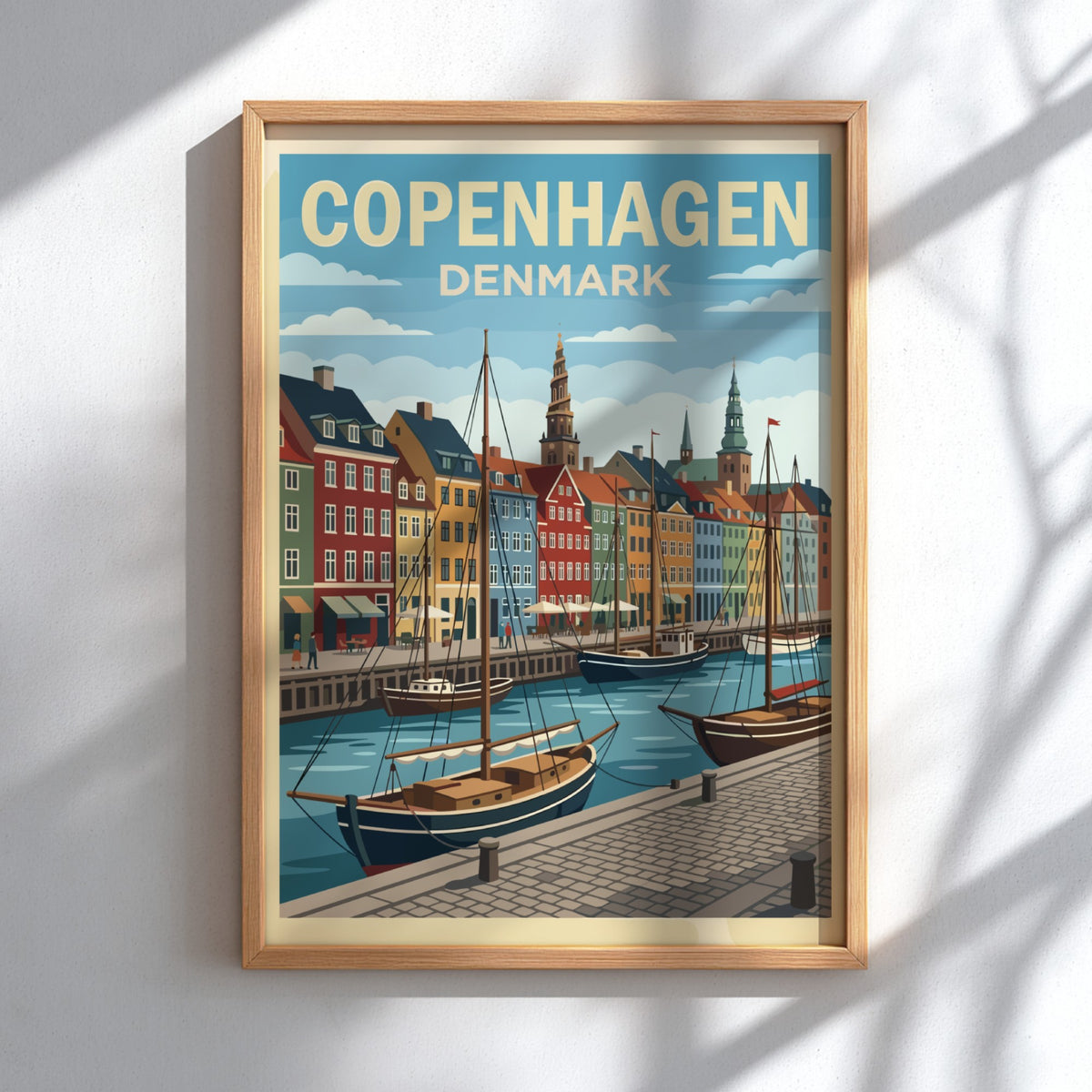 Copenhagen Denmark travel poster featuring colourful historic harbour buildings and sailing boats on water.
