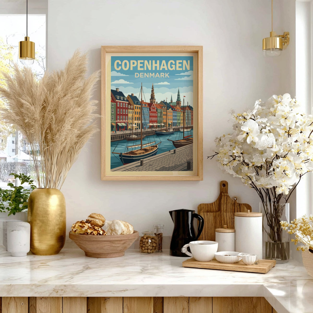 Copenhagen Denmark travel poster featuring colourful historic harbour buildings and sailing boats on water.