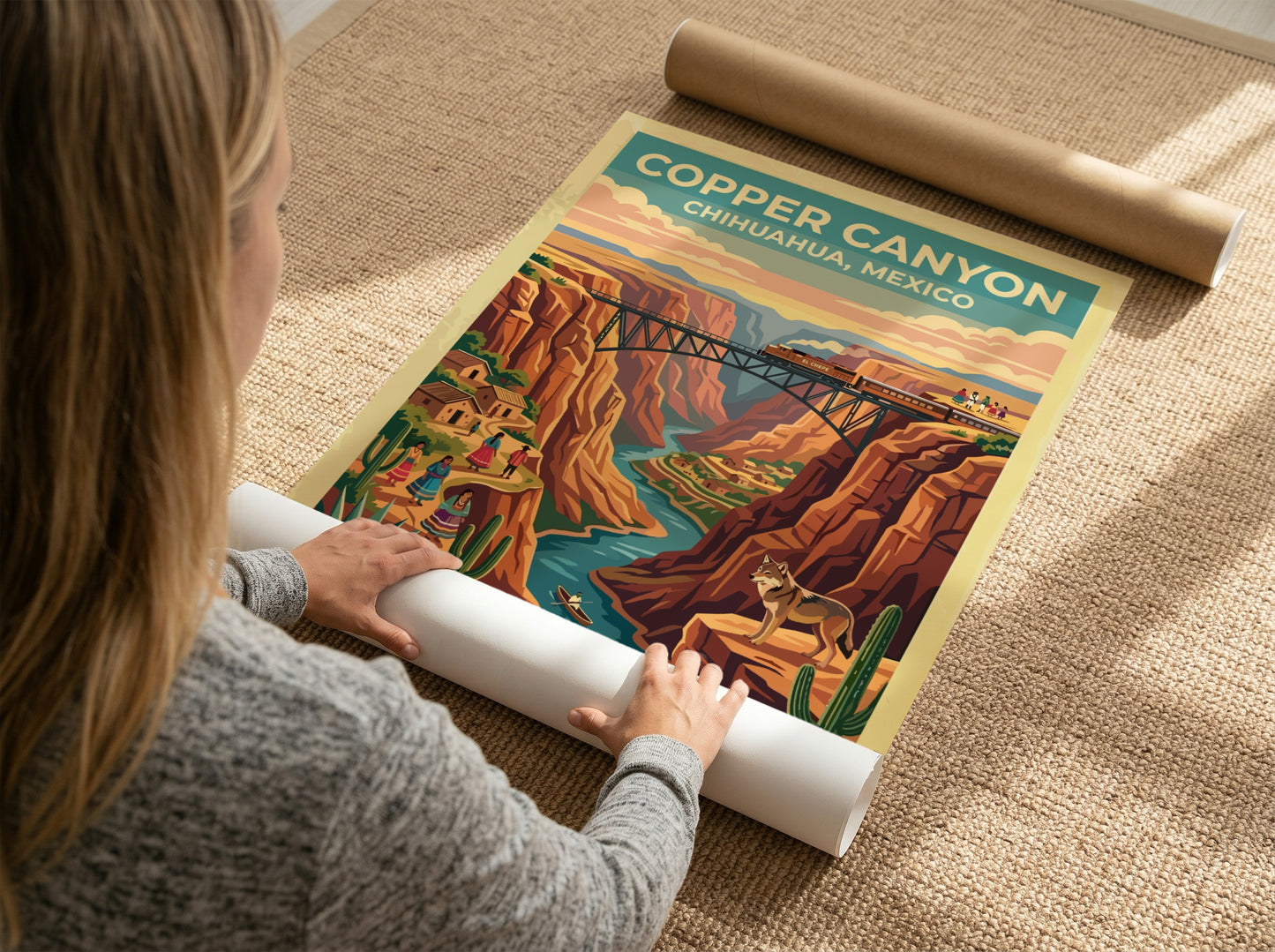 Travel poster of Copper Canyon Chihuahua Mexico with a train crossing a bridge