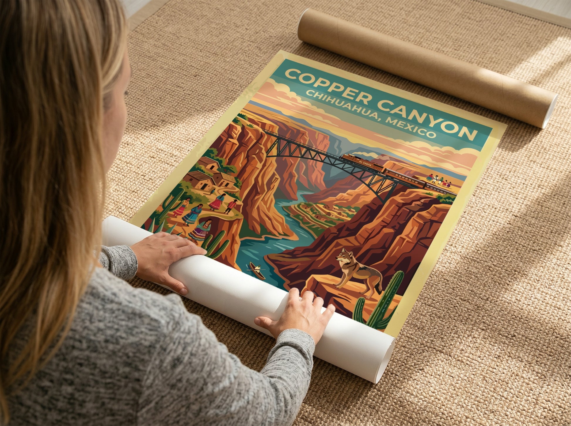 Travel poster of Copper Canyon Chihuahua Mexico with a train crossing a bridge