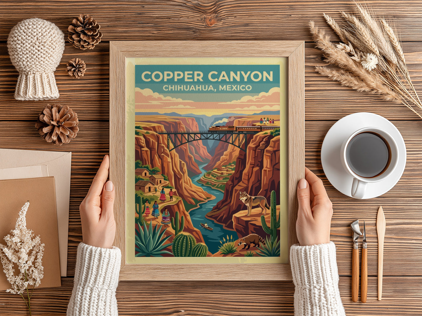 Travel poster of Copper Canyon Chihuahua Mexico with a train crossing a bridge