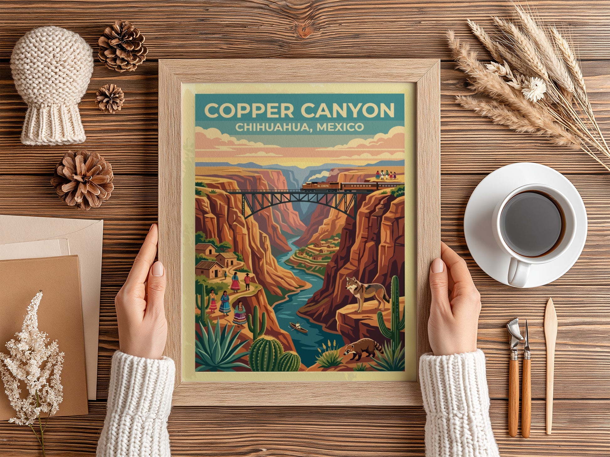Travel poster of Copper Canyon Chihuahua Mexico with a train crossing a bridge