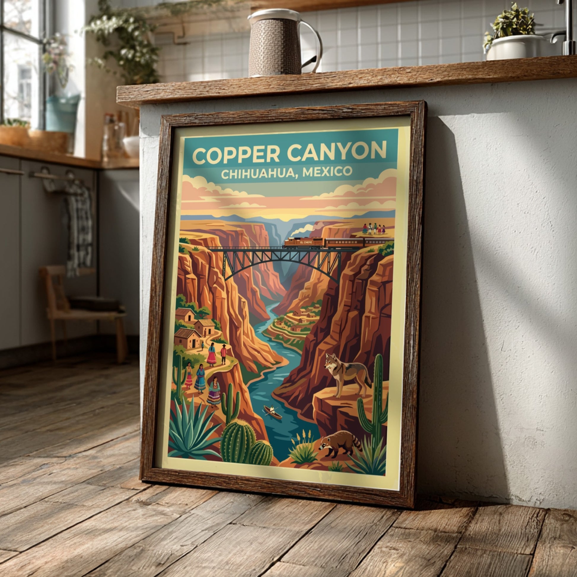 Travel poster of Copper Canyon Chihuahua Mexico with a train crossing a bridge