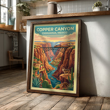 Travel poster of Copper Canyon Chihuahua Mexico with a train crossing a bridge