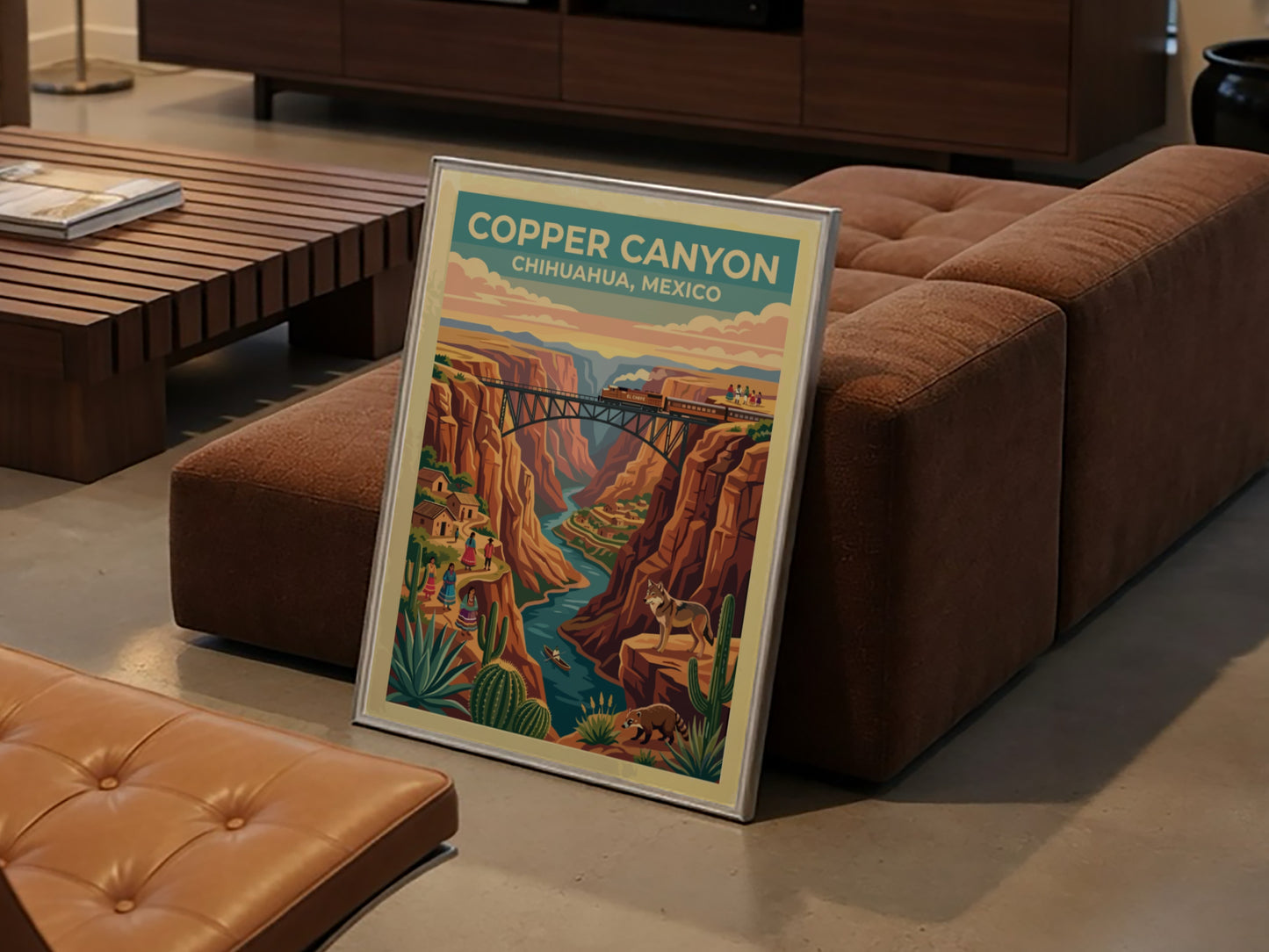 Travel poster of Copper Canyon Chihuahua Mexico with a train crossing a bridge