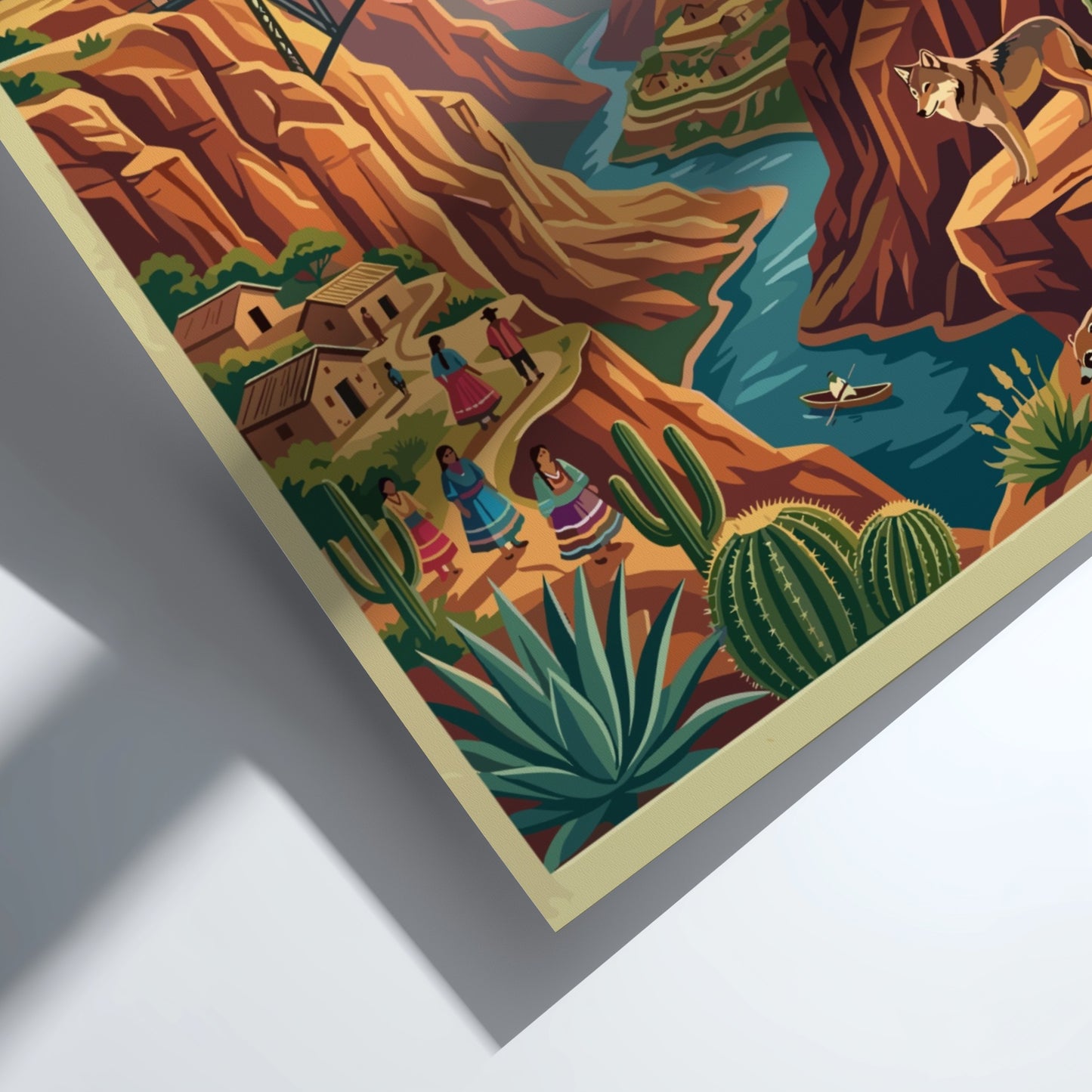 Travel poster of Copper Canyon Chihuahua Mexico with a train crossing a bridge