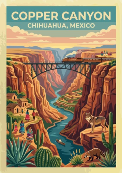Travel poster of Copper Canyon Chihuahua Mexico with a train crossing a bridge