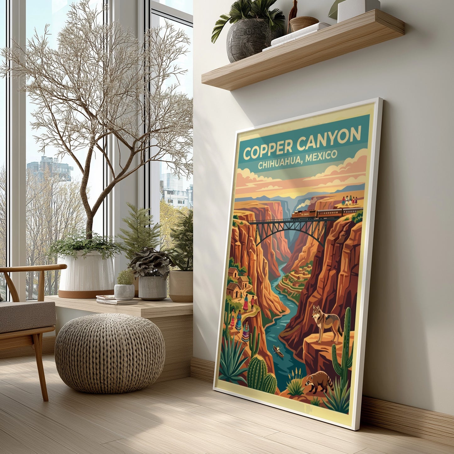 Travel poster of Copper Canyon Chihuahua Mexico with a train crossing a bridge