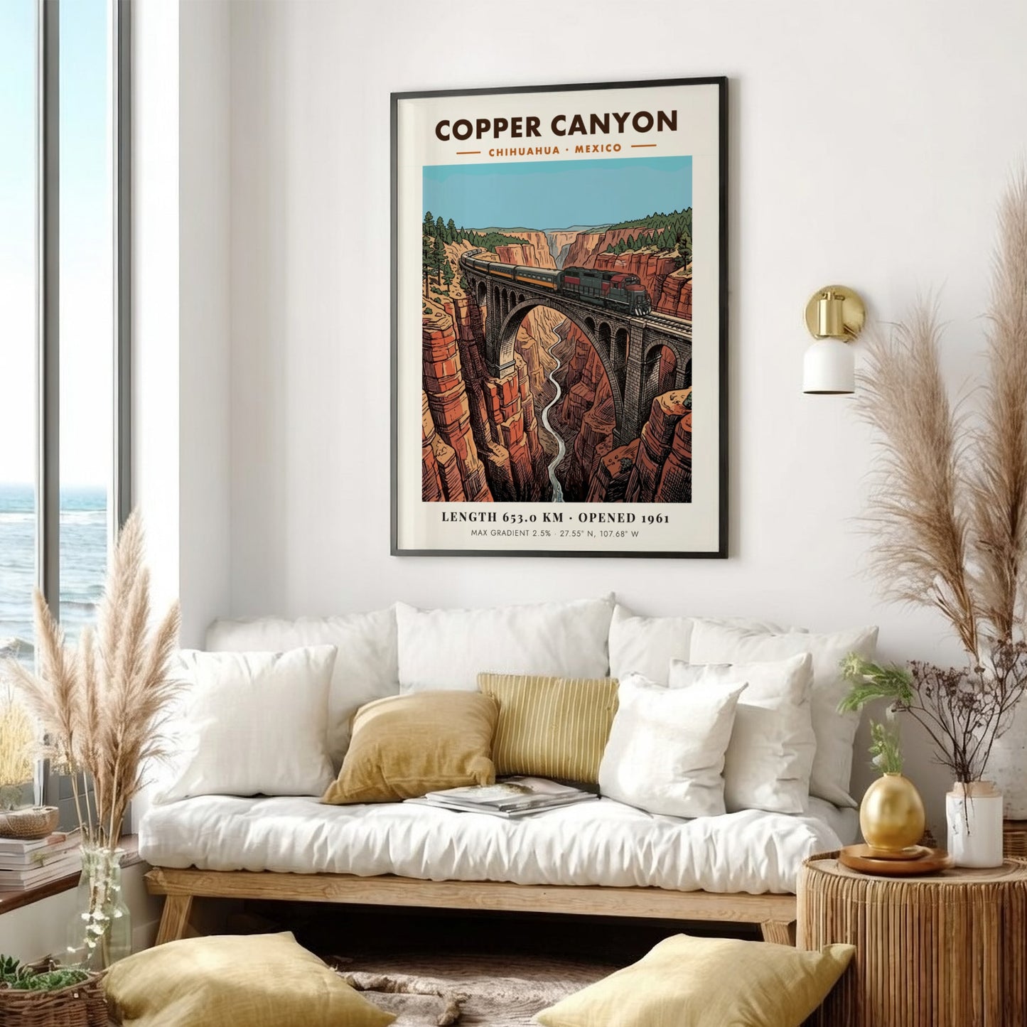 Poster of a train crossing a stone bridge over the deep Copper Canyon landscape.