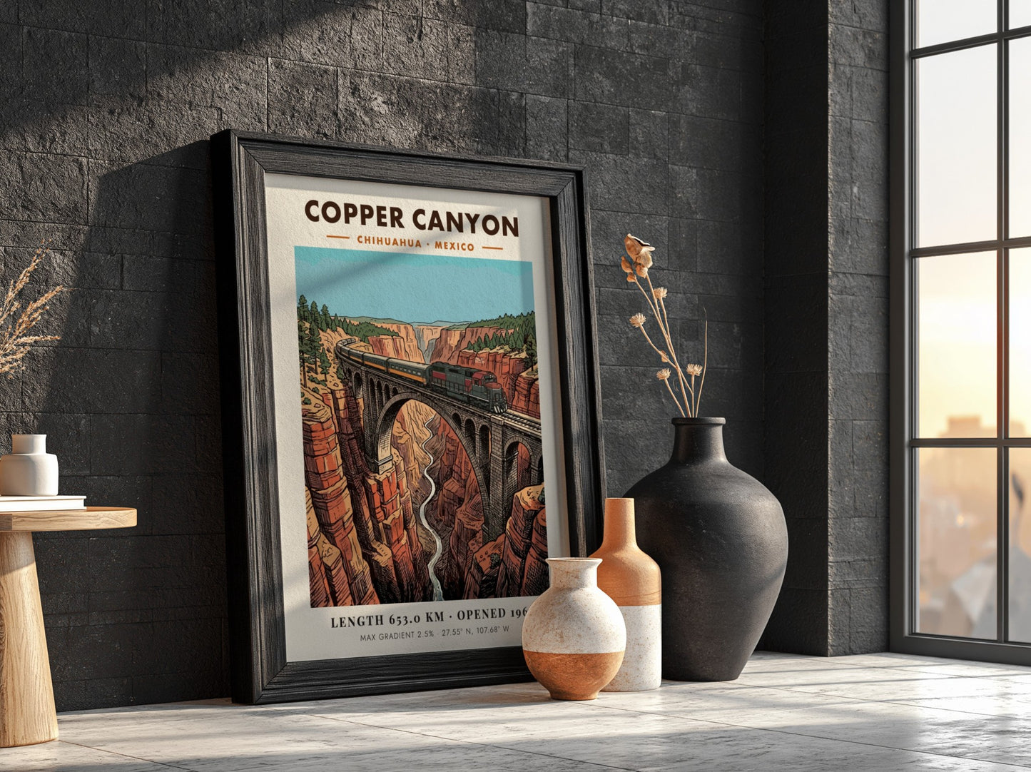 Poster of a train crossing a stone bridge over the deep Copper Canyon landscape.