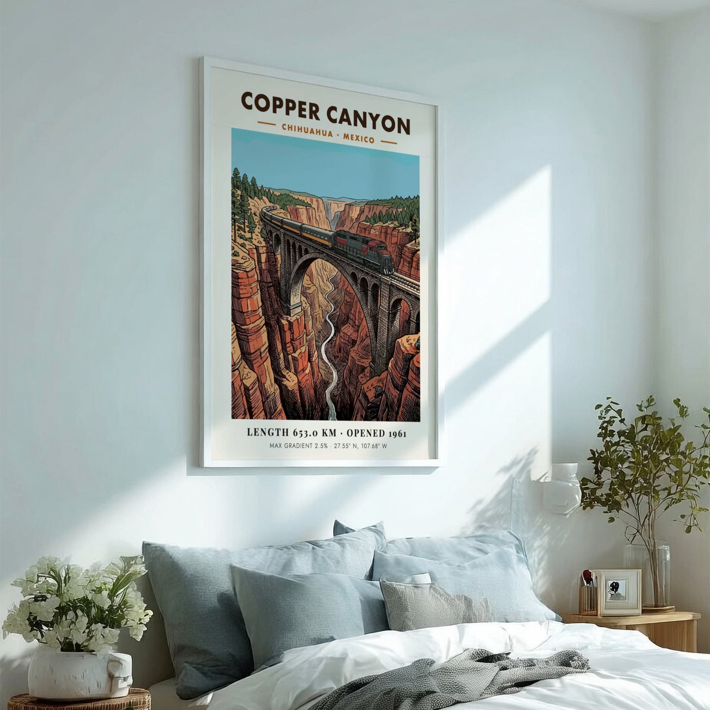 Poster of a train crossing a stone bridge over the deep Copper Canyon landscape.