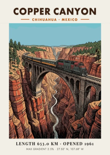 Poster of a train crossing a stone bridge over the deep Copper Canyon landscape.